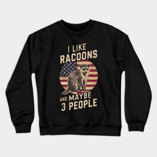 I Like Racoons And Maybe 3 People American Flag Gift For Trash Panda Lover Funny Vintage Retro Humour Crewneck Sweatshirt